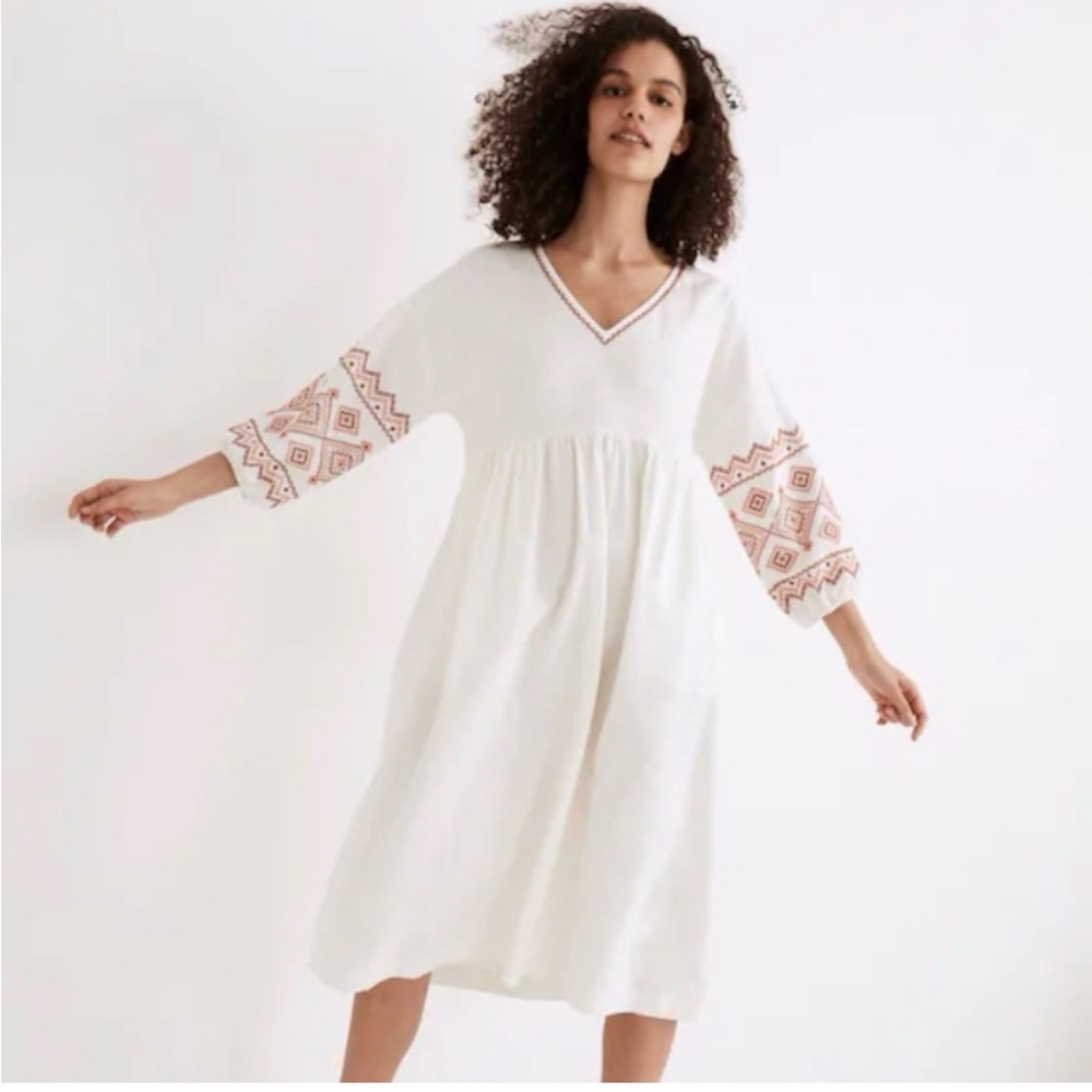 Madewell White Midi Dress with Rust Embroidered Sleeves